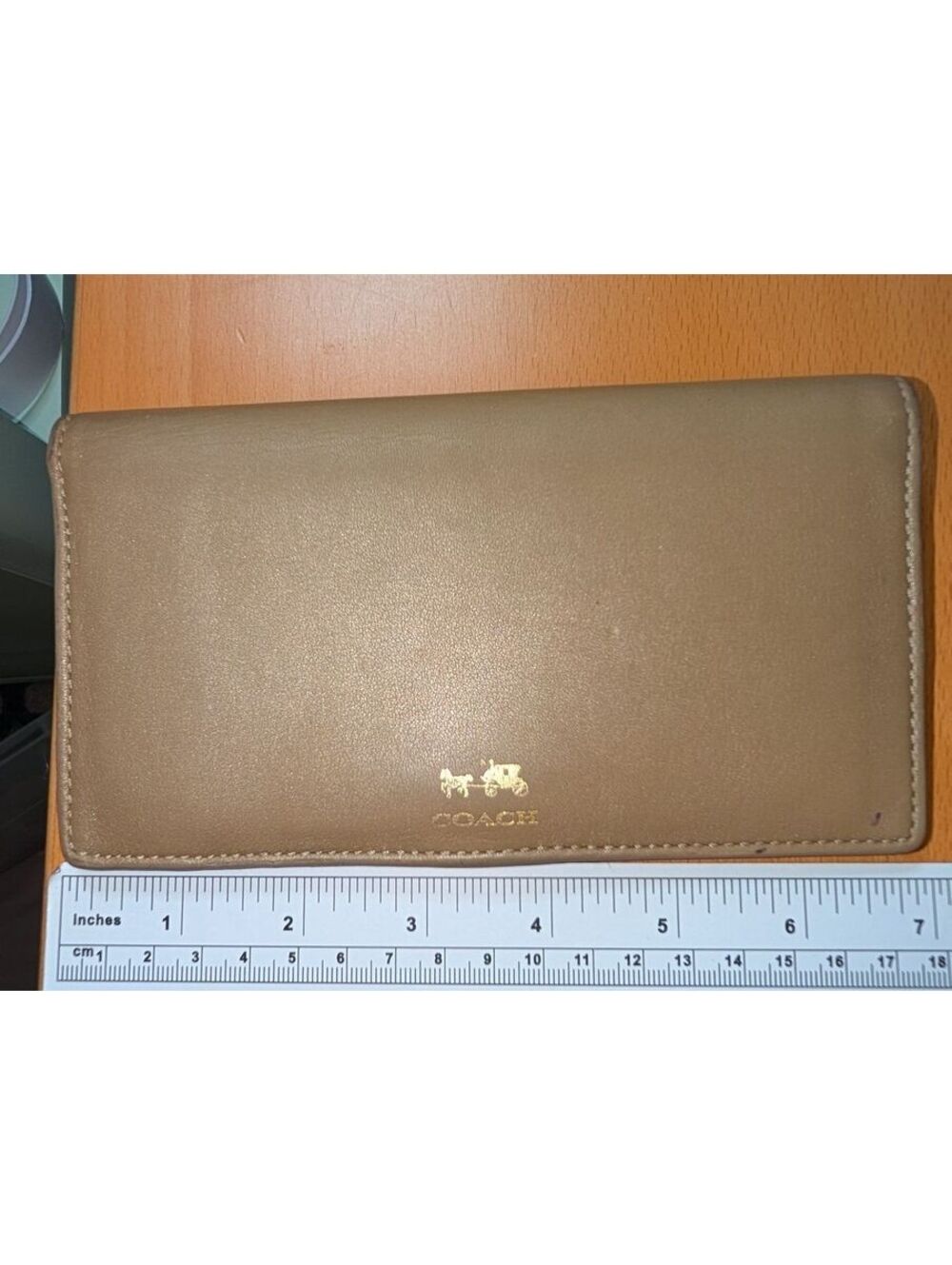Coach Beige Leather Envelope Wallet with Gold Logo